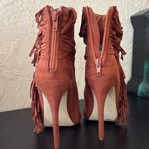 JustFab Rust Fringe Heeled Booties - Picture 2 of 6